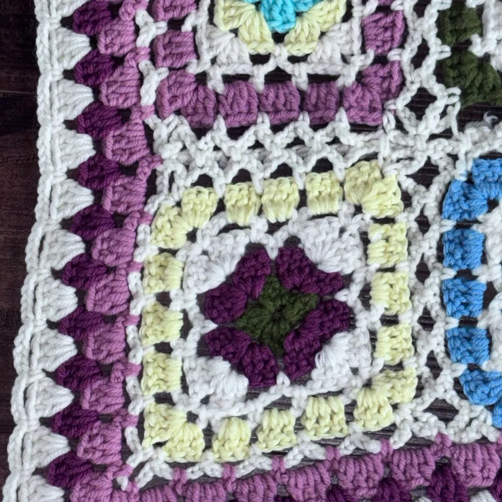 Afghan Blanket Throw Handmade Granny Squares Colorful Hand Crocheted 75 X 50”